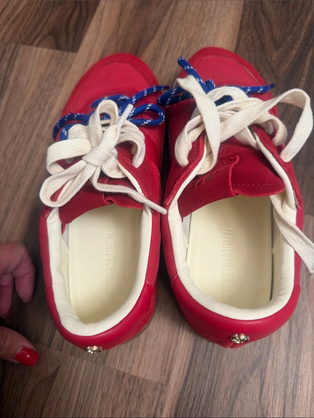 Steve Madden Red Sneakers with Blue & Cream Laces